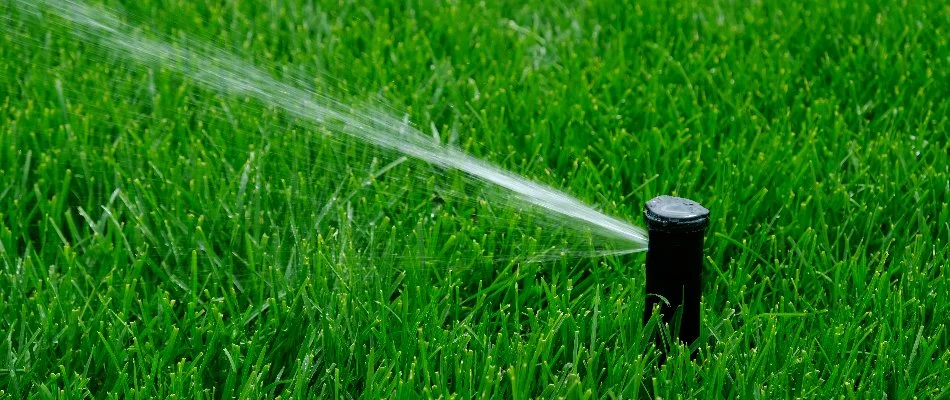 An irrigation system watering a green lawn in Tarrytown, NY.