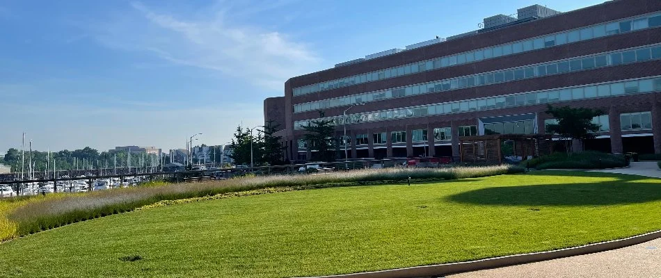 A neat, green lawn on a commercial property in Clarkstown, NY.